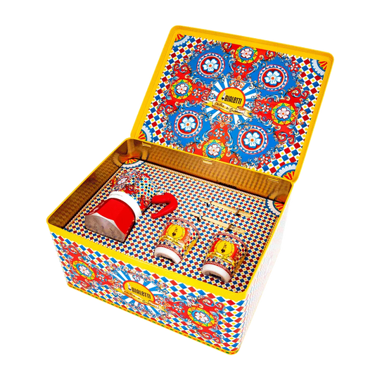 Box Moka Express Sicilian Cart 2 cups, 2 porcelain cups and 2 golden stirrers