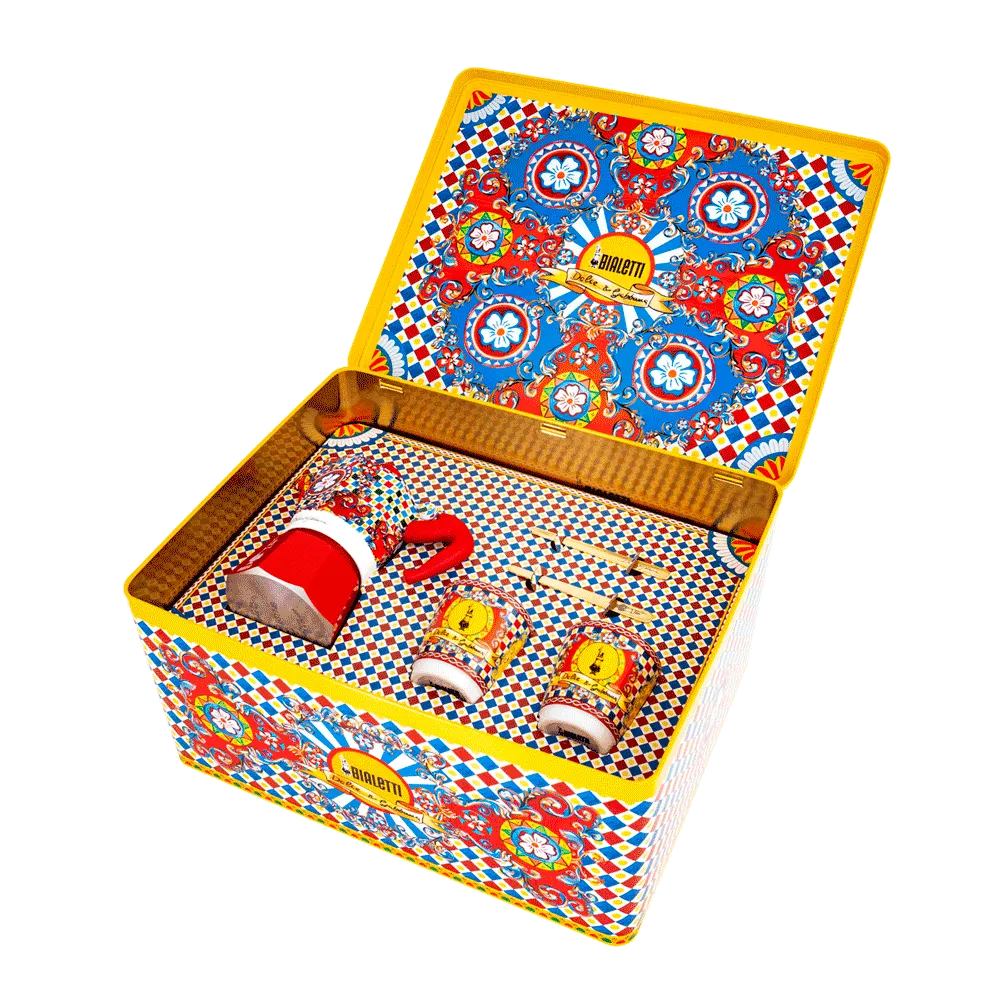 Box Moka Express Sicilian Cart 2 cups, 2 porcelain cups and 2 golden stirrers