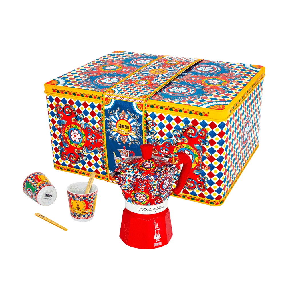 Box Moka Express Sicilian Cart 2 cups, 2 porcelain cups and 2 golden stirrers